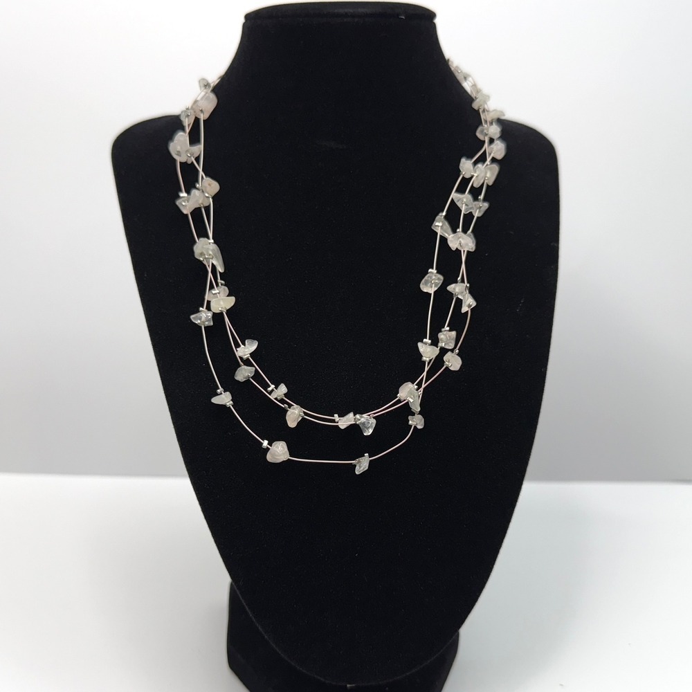 Quartz Beaded Chips Necklace Multi Layered Pink Wire Fashion Jewelry 9.5 in L